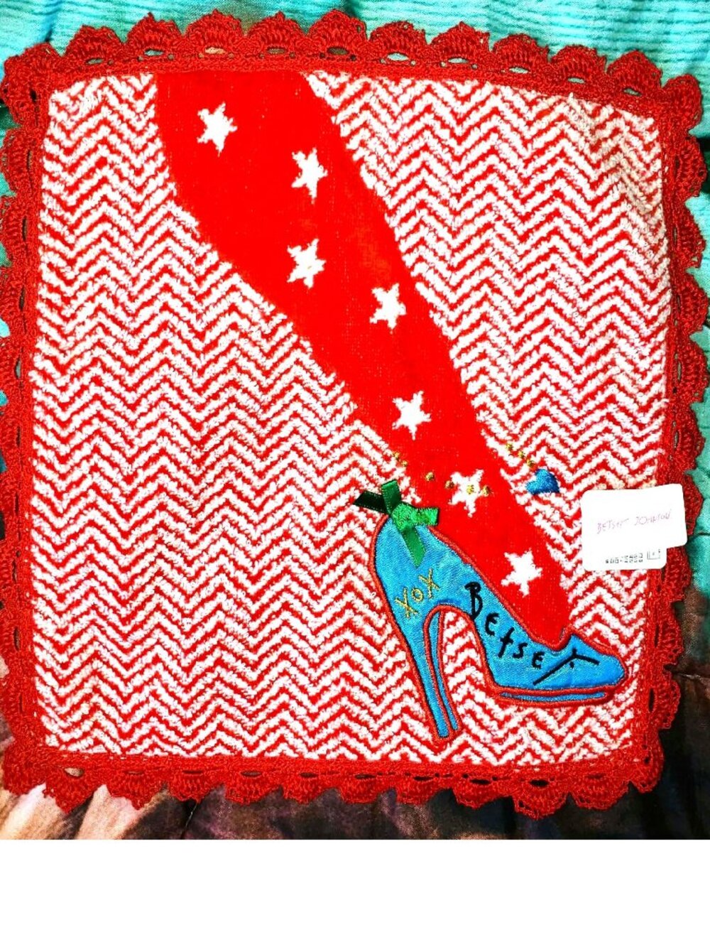 Vintage Betsey Johnson Wash Cloth Blue Dress Shoe Red Star Tights Crochet Towel